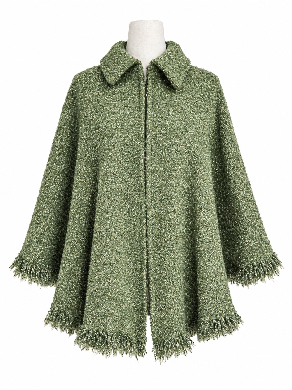 Branigan Weavers Irish Wool Tweed Cape Jacket Green Boucle Fringe Zip Poncho OS